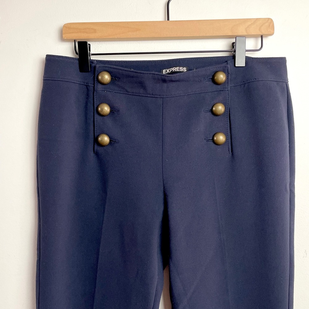 Express Flare Sailor Pants Sz 8 Navy Blue Brass Button High Rise Trousers - Picture 2 of 7